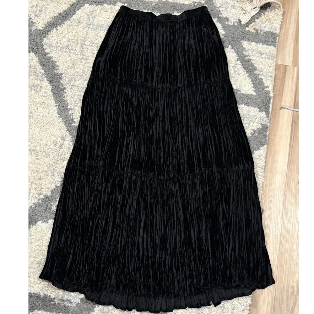 Double D Ranch Black Crushed Velvet Tiered Maxi Skirt Western Boho XL xx